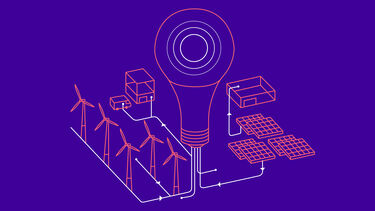 illustration of a lightbuld, solar panels and wind turbines
