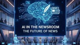 People and robots sitting on chairs in a futuristing building in front of a screen with a graphic of a brain and the words "AI in the newsroom, the future of news"